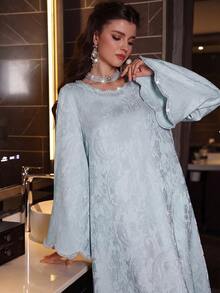 Al Najma Áo Abaya Thổ Nhĩ Kỳ và áo choàng truyền thống Ả Rập tay dài màu hồng dệt jacquard đính hạt cườm sang trọng dành cho nữ mùa xuân/hè. - Màu xanh lam - Xem 6