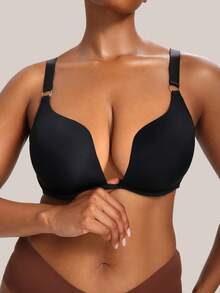 Plus Size Minimalist Underwire Bra, Sexy Deep V Lingerie Bra, Single Piece - Black - View 6