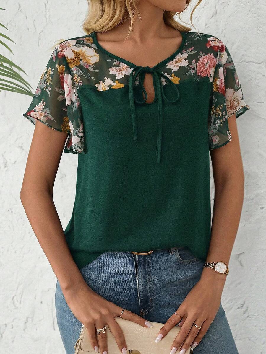 EMERY ROSE Floral Print Patchwork Black Fabric Ruffle Sleeve Casual T-Shirt For Women, Spring/Summer - Dark Green - View 1