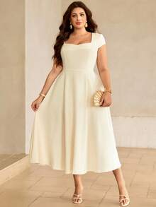 Roveilla Plus Size Women's White Summer 70's Elegant Party Formal Square Neck V-Neck Waist Gathered Flared Hem Short Sleeve Apricot Mid-Length Dress - Apricot - View 3