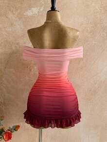 Soleia Women's Elegant Vacation Pleated Texture Off Shoulder Bodycon Mini Dress With Ruffle Hem, Suitable For Beach, Seaside, , Date,Summer Dresses Women - Burgundy - View 2