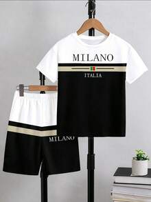 SHEIN 男童两件套服装，2026春夏新款休闲舒适撞色“MILANO ITALIA”字母图案T恤和短裤套装，适合春夏外出、休闲、度假穿着。 - 彩色 - 查看 4