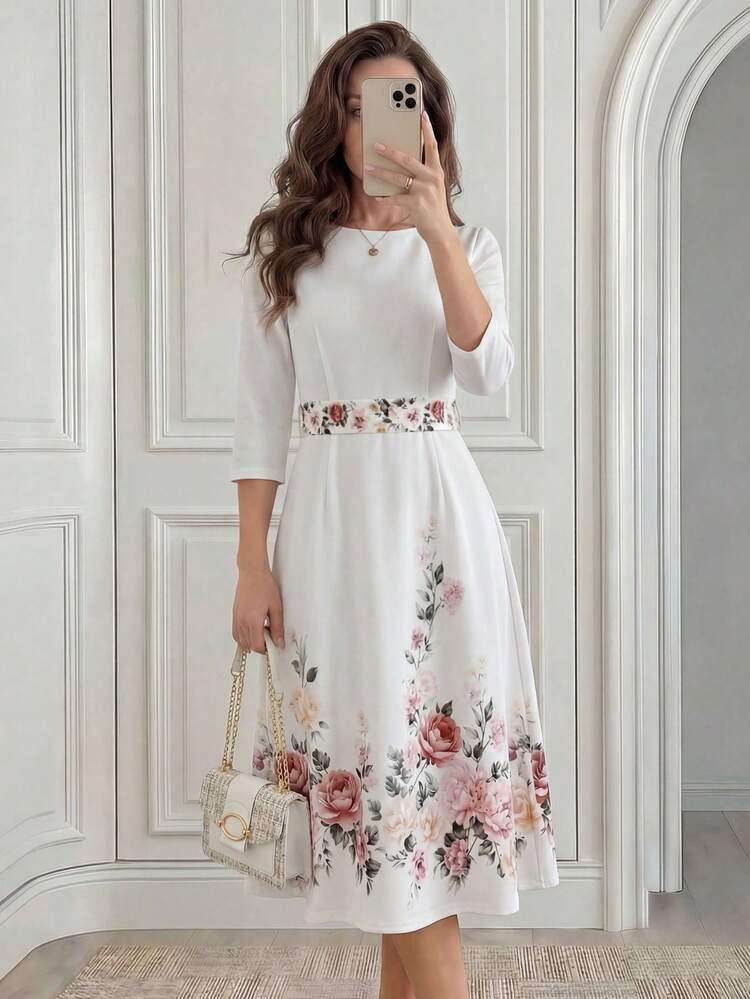 Elegant Floral Print Mid-Length Dress For Commuting,Summer Dress, Elegant Dresses For Ladies,Floral Dress,White Dress