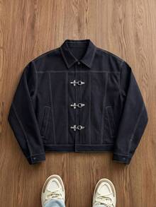 SWAVVY Men's Casual Contrast Stitch Cropped Jacket, Fashion Street Style For Daily Commute, Spring/Autumn Cowboy Jacket For Men Jackpot Rodeo Outfits For Men Men Vintage Clothes Jackets For Men Navy Blue Jacket - Blue - View 2