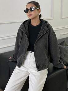 FRIFUL Women's Casual Washed Denim Hooded Jacket, Autumn - Dark Grey - View 12