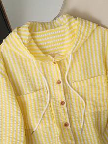 Resyla New Arrival Loose Fit Blue Striped Hooded Plus Size Sun Protection Shirt Fall - Yellow - View 5