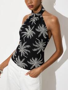 Gossip Girl X SHEIN SHEIN Maija Áo kiểu nữ cổ yếm in hình cây dừa, đa năng, phù hợp mặc hàng ngày. - màu đen - Xem 4