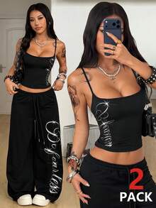SHEIN Coolane 女士夏季街头休闲装 比赛日学院风 返校朋克风 基本款 闪光图案 黑色背心和阔腿运动裤 带口袋 家居服套装 两件套 - 黑色 - 查看 5