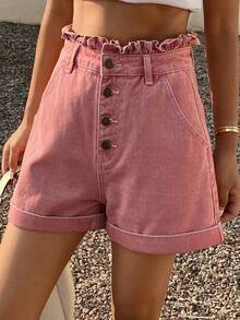 Spring & Summer Casual Frill Trim Pink Cotton Women's Denim Shorts - Pink - View 4