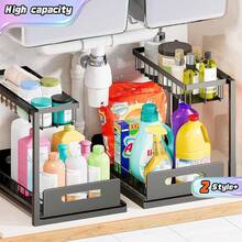 Two-Tier Pull-Out Under-Sink Storage Rack With Sliding Drawers - Versatile Kitchen And Bathroom Storage Solution, Black Under-Sink Storage Rack And Cabinet - Multicolor - View 1