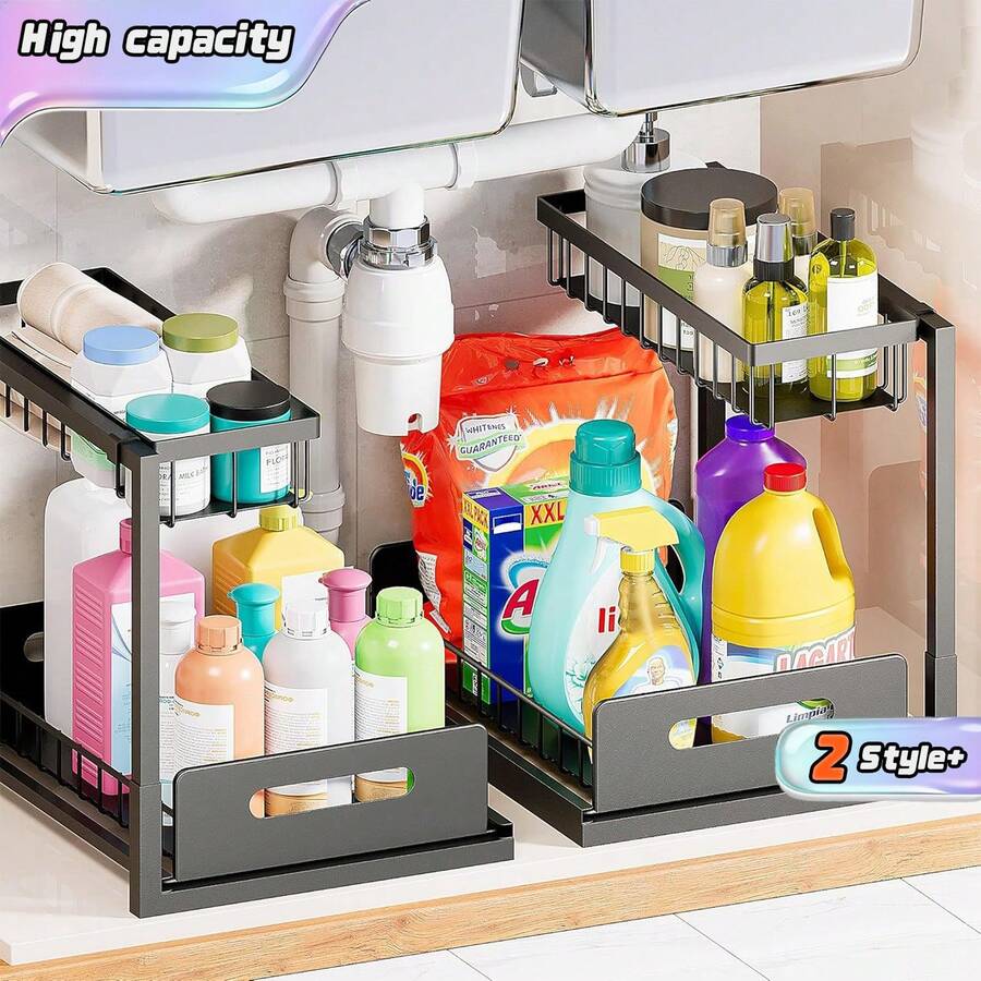 Two-Tier Pull-Out Under-Sink Storage Rack With Sliding Drawers - Versatile Kitchen And Bathroom Storage Solution, Black Under-Sink Storage Rack And Cabinet - Multicolor - View 1