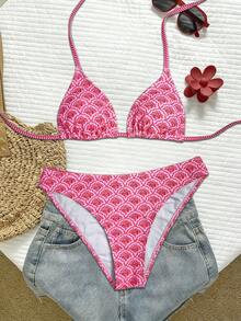 Swim Vcay Set Bikini Wanita Musim Semi/Panas untuk Festival Musik Pantai, Motif Bunga, Model Halter dengan Cup Segitiga, 2 Potong - Berwarna merah muda - View 3