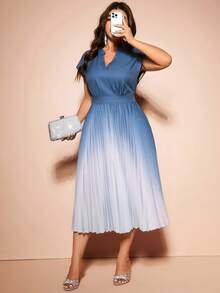 Cravure Plus Size Women's V-Neck Short Sleeve Ruched Flared Ombre Casual Elegant Dress Wedding Dusty Blue Summer - Blue - View 3
