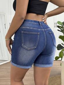 SHEIN CURVE+ Women's Plus Size Distressed High Waist Skinny Denim Shorts,Dark Blue,Summer,Casual,Hiking Ripped Jean Shorts With Rolled Hem Y2k Chic Cute Streetwear - Blue - View 2