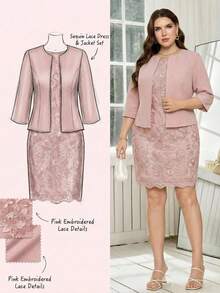 Ellevyn 大码女式两件套，优雅蕾丝拼接夏季两件套，休闲户外两件套，粉色两件套 - 粉色 - 查看 10