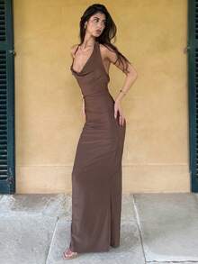 AmyJordy Vestido de calidad superior con correa de espagueti, unicolor, ajuste delgado, estilo vintage con cinturón para mujer, para fiesta - Marrón - Ver 6