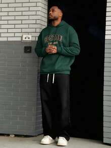 Heavens Edit 男士波士顿字母印花休闲连帽卫衣，返校季，秋冬季，长袖上衣 - 綠色 - 查看 6