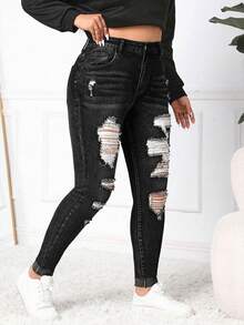 Firerie Plus Size Black Cropped Denim Jeans With Ripped Details And Zipper Closure - Black - View 2