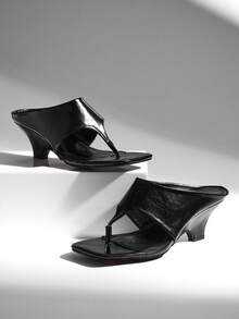 SHUZIA 女士简约时尚套脚细高跟人字拖凉鞋 - 黑色 - 查看 7
