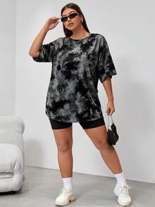 Muchica Plus Size Women's Tie-Dye Pattern Drop Shoulder Comfortable T-Shirt, Suitable For Summer - Dark Grey - View 5