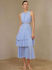 Zanirela Blue And White Stripe,Summer,Casual,Tea Party,Vacation Waist Hollow Out Multi-Layer Dress,Nautical Resort Style,Elegant Tiered Cake Dress,Sleeveless - Multicolor - View 3