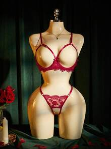 SpicyHot Bộ đồ lót ren khoét rỗng có gọng dành cho nữ, gồm áo ngực và quần lọt khe, gợi cảm và quyến rũ. - Màu Đỏ Sâu - Xem 6