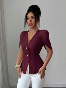 SHEIN Elenzya 女士优雅浪漫修身西装外套，V领设计，褶裥收腰 - 酒紅色 - 查看 4