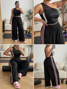 SHEIN CURVE+ Women's Black Knit Wide Leg Casual Sweatpants - Black - View 11