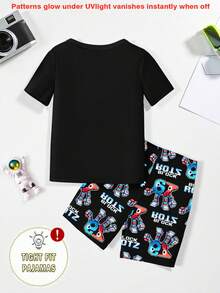 Bộ đồ ngủ 2 món cho bé trai, áo dệt kim in họa tiết phát sáng trong bóng tối và quần ôm sát, đồ ngủ mùa hè (bao gồm đèn UV), quà tặng cho trẻ em. - Xám - Xem 2