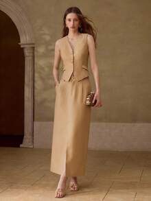 MOTF PREMIUM WOMEN'S SEQUIN SLEEVELESS VEST AND HIGH SLIT SKIRT 2 PIECES SET - Khaki - View 6