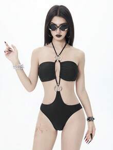 ROMWE Goth 女士黑色纯色露背吊带镂空大五角星金属装饰连体泳衣，哥特风格，2026春夏款 - 黑色 - 查看 10