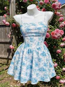SHEIN MOD Plus Size Women's Fashion Print Waist Strap Dress - Blue - View 6
