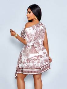 SOLERSUN Plus Size Women's Vacation Holiday Spring And Summer Fashion Casual Elegant Sexy Short Dress Sleeveless Shoulder Slanted Shoulder Off Shoulder Asymmetric Shoulder Cinched Waist Asymmetric Drawstring Irregular Hem Square Scarf Hem A Swing Brown Retro Monochrome Forest Animal Positioning Printed Knit Fabric, Suitable For Daily Dressing Shopping, Dating, Music Festivals, Sea Island Vacation, Old Money Vacation, Back To School Season - Coffee Brown - View 5