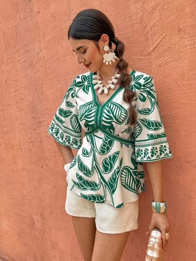 Flora Isola Flora Isola Áo kiểu nữ thanh lịch, thời trang, thoải mái, quyến rũ, cổ điển tối giản, lãng mạn, tay lửng, cổ chữ V, eo xếp ly, dáng chữ A, in họa tiết, thích hợp cho kỳ nghỉ.