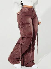 SHEIN ICON Plus Size Color Block Pocket Thermal Lined Fashionable Wide Leg Cargo Jeans - Coffee Brown - View 2
