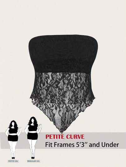 SHEIN PETITE CURVE Top bandeau ajustado de encaje asimétrico de estilo retro, adecuado para la moda Y2K, top bandeau de encaje, con mono bandeau con sujetador, top sin tirantes negro, mono sin tirantes, adecuado para uso al aire libre