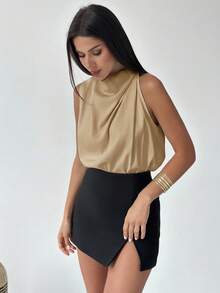 Firerie 女士优雅时尚新款通勤办公日常度假音乐节不对称褶皱杏色衬衫，春夏款 - 卡其色 - 查看 6