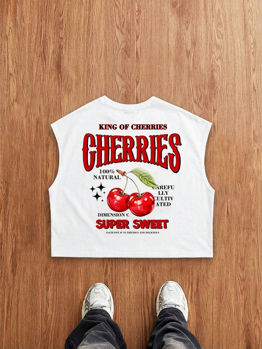 Manfinity Joysei Camiseta casual de hombre con estampado de cereza, versátil para uso diario - Blanco - Ver 1