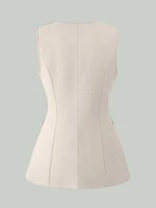 SHEIN Clasi 女士优雅通勤V领无袖双层门襟夸张金属纽扣装饰无袖衬衫，春夏款 - 杏色 - 查看 2