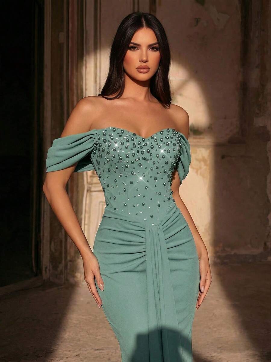 Glamrae Elegant Luxurious Elastic Knit Off Shoulder Strapless Dress With Rhinestone,Handcrafted Beaded Mermaid Hem Formal Gown For Autumn/Winter For Women - Green - View 1