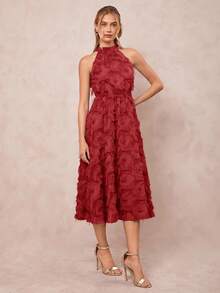 Amorya Đầm chữ A cổ yếm bằng vải jacquard dệt họa tiết thanh lịch dành cho nữ, thích hợp cho mùa xuân/hè. - Đỏ - Xem 3