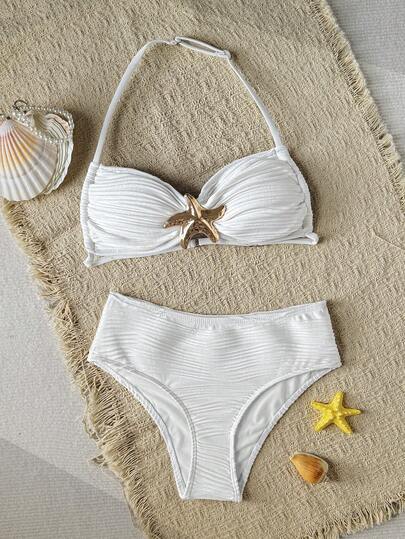 SHEIN Bộ bikini quây ngực họa tiết sao biển ánh kim dành cho bé gái tuổi teen, bộ đồ bơi mùa hè/trang phục đi biển/đồ bơi 2 mảnh/bộ bikini tuổi teen, đồ bơi màu trắng.