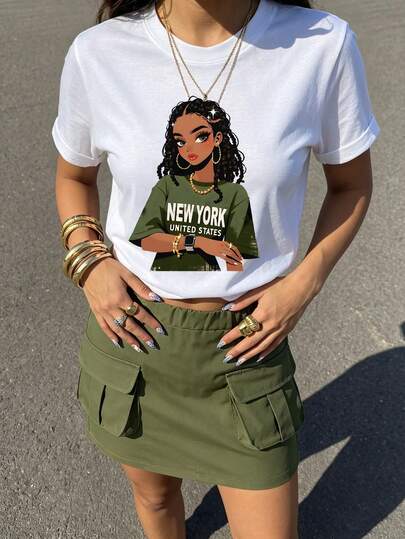 2 piezas/Set Vestido de moda casual de primavera/verano para niñas, diseño de patrón dulce y fresco, camiseta de manga corta y cuello redondo con falda cargo, camiseta de manga corta y cuello redondo cómoda con leggings, adecuado para primavera/verano casual, moda callejera, picnic al aire libre, escuela, fiesta, regalo