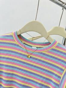 SHEIN Teen Girls Striped Round Neck Short Sleeve Casual T-Shirt, Minimalist Leisure Wear For Home Mothers Day Outfit Graduation Summer Tops Suitable For Spring & Summer Daily, Outing, Vacation, Holiday Wear, Stylish Girls, Casual Wear, New Style, Homecoming, Chill Vibe Outfits, Back To School, Girly Style T Shirt - Multicolor - View 3