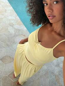 Livesso 女士夏季白色提花针织吊带背心和裤子睡衣套装 - 黃色 - 查看 12