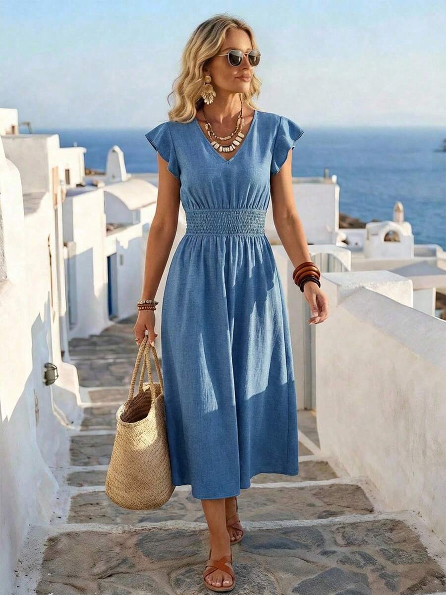 Faunlyn Robe décontracté femme de couleur unie, style minimaliste col V, manches courtes, pour un port quotidien - Bleu azur - Voir 1