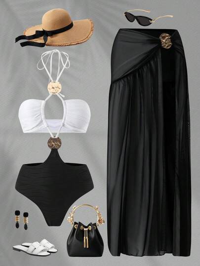 Swim Oasis Conjunto de playa de alta gama 2026 Primavera/Verano para mujer talla grande, con diseño de contraste en blanco y negro, traje de baño de una pieza sexy + falda envolvente