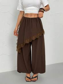 SHEIN PETITE Quần culottes hai mảnh màu nâu giả da kiểu dáng mùa xuân mới dành cho nữ, quần ống loe bất đối xứng viền ren, trang phục du lịch thời trang, quần thường ngày. Mùa hè. - màu nâu - Xem 5