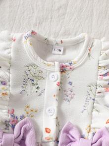 SHEIN 2件/組女嬰甜美花卉連身褲附髮帶，可愛夏季無袖針織嬰兒連身褲，親子搭配荷葉邊肩部設計，洗禮服裝 - 紫色 - 查看 4