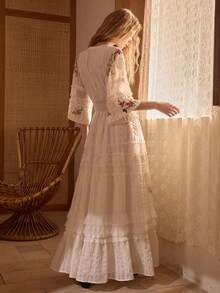 MOTF STUDIO WOMEN'S TENCEL LINEN EMBROIDERED PATCHWORK LONG VACATION DRESS, SPRING/SUMMER - Beige - View 6